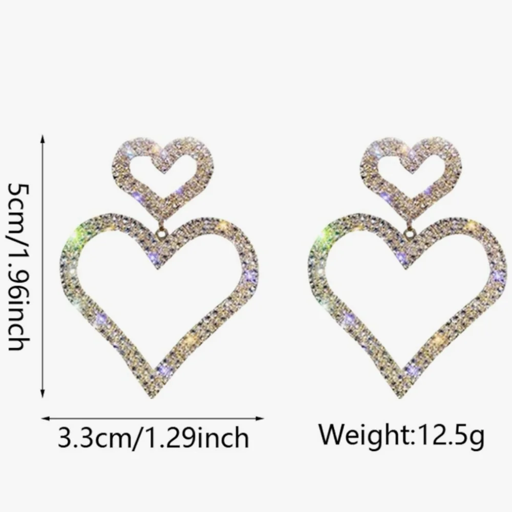 Rhinestone Heart Drop Earrings Statement Earrings Gold or Silver - Picture 5 of 13
